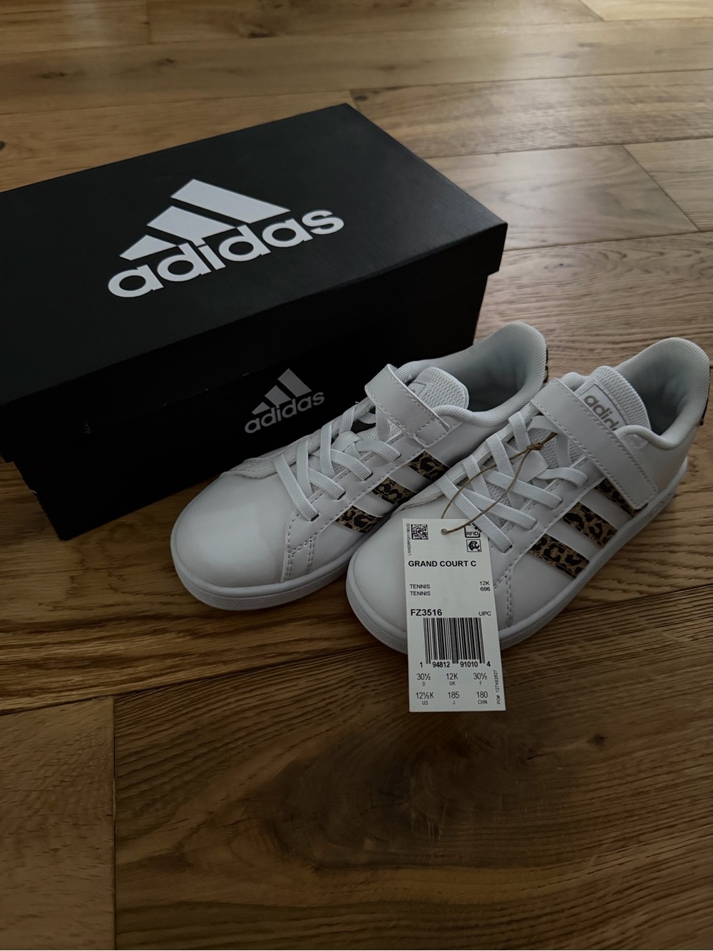 NWT Adidas Grand Court C White Leopard Sneakers Kids 12.5